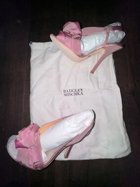 Badgley Mischka Pink Satin Heels w/ Rose Detail – Dust Bag Included